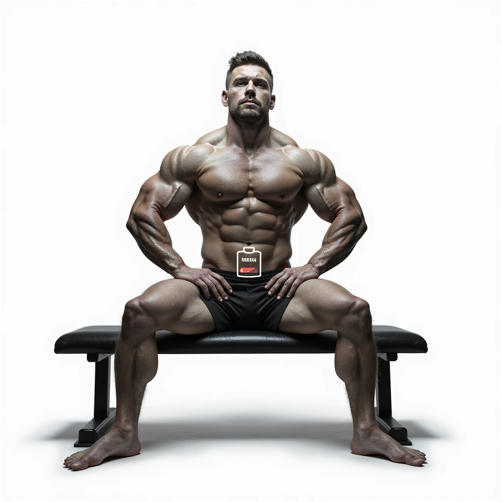 hyper realistic muscular bodybuilder sitting on a bench with slumped posture, pelvic area highlighted with low battery symbol, caption in Italian: 'Assenza di libido: nessun interesse sessuale', isolated on white background emoji