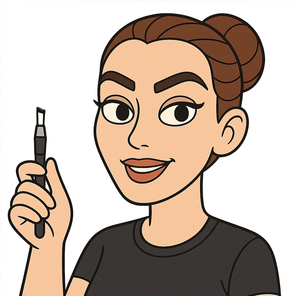 cartoon style microblading artist close-up of face with perfectly shaped brows holding tool emoji
