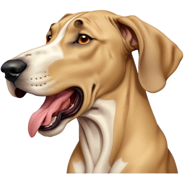 Cinematic Cute Yawning Fawn Great Dane Portrait Emoji, Head tilted slightly with a dramatic, wide-open yawn, revealing a smooth fawn coat with a refined texture, floppy ears slightly drooping, round amber eyes barely open in drowsy contentment, Simplified yet irresistibly adorable features, highly detailed, glowing with a soft, cozy glow, high shine, relaxed yet expressive, stylized with a touch of whimsy, bright and endearing, soft glowing outline, capturing the essence of a sleepy yet affectionate guardian, so drowsy it feels like it could stretch out of the screen and curl up for a nap! emoji