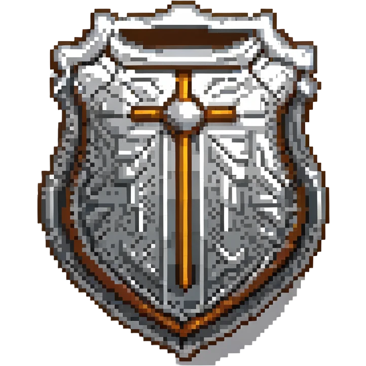 ancient metal shield with intricate engravings in pixel art style emoji