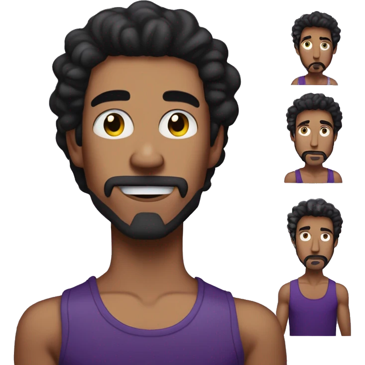 tanned, skinny, young man with long curly black hair, a goatee that's only on the chin, a big nose, black lipstick and wearing a purple tanktop emoji
