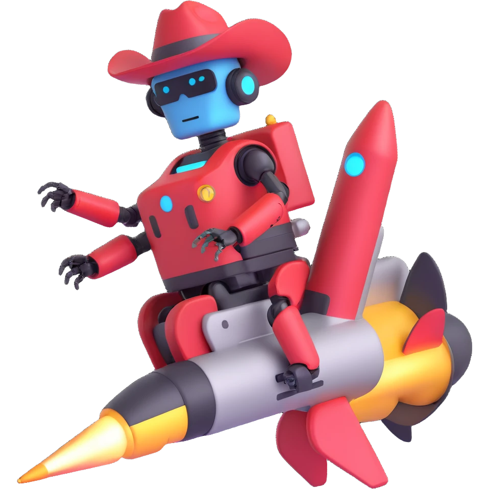 robot wearing a cowboy hat riding a rocket emoji