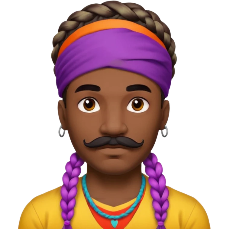 big lose braids starting from the top of the head man with mustache face wiith big visible braids and mono color headband on head  face and braids as big as headband and lots and lots of face tattoos colored tattoos like a tattoo artist hair unique color emoji