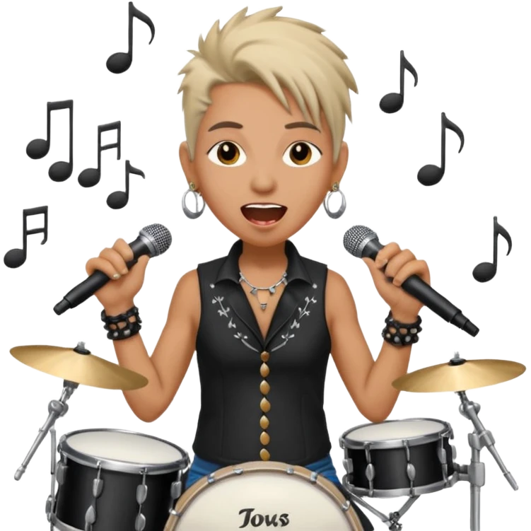 senior rocker drummer, singing into mic, wild expression, earrings, classic rock outfit, energetic, music notes, lively background emoji