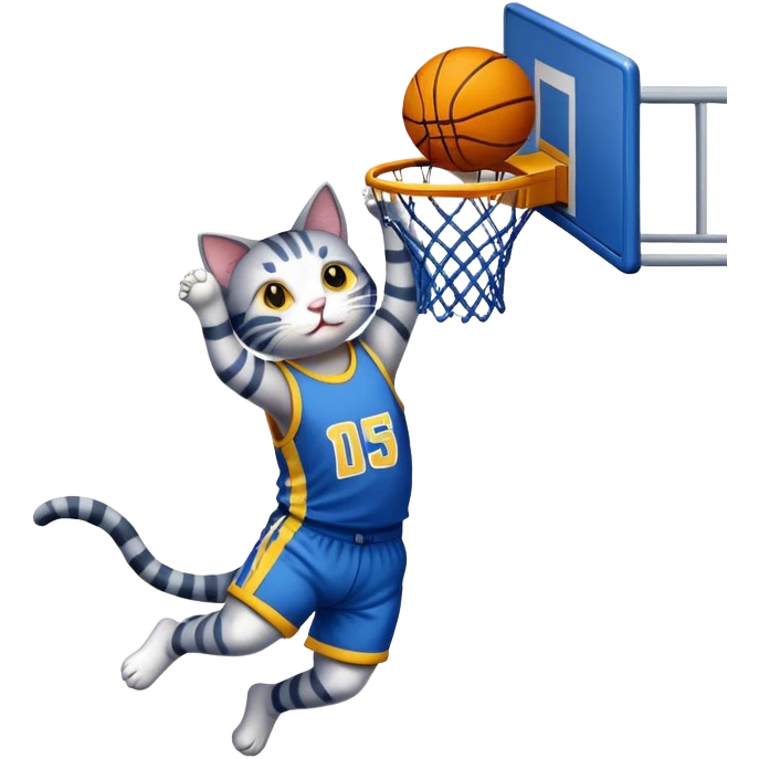 A cat wearing a blue basketball jersey with yellow stripes dunking a basketball into a basketball hoop emoji