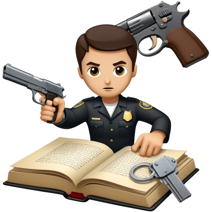 Icon for Action & Crime Reading: an open book with dramatic action scenes, surrounded by a gun, handcuffs, a badge, and a shadowy figure. The icon should evoke suspense, danger, and intrigue of crime and action stories. Transparent background. emoji