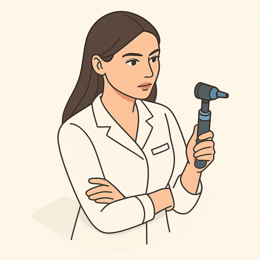 A female doctor with dark long straight hair and detailed brown eyes (not just dots), wearing a white medical coat, holding a medical instrument, in 2D isometric style with a minimalist background, with a serious facial expression. emoji