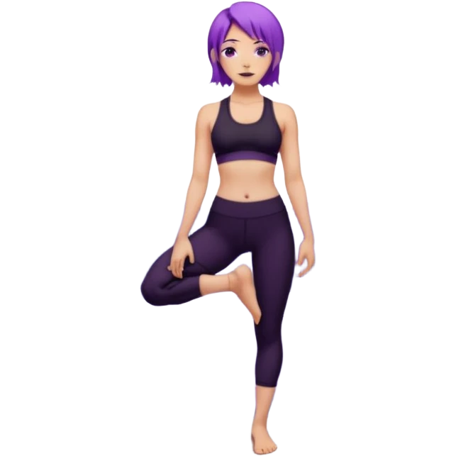 A woman with purple hair standing tall in mountain pose, wearing a black yoga outfit, calm expression, mandala background, digital art style. emoji