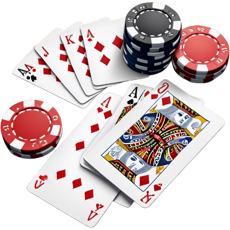 A photorealistic icon featuring playing cards, poker chips and a deck of cards spread out on a table. Bright, detailed design with realistic textures and lighting. Transparent background, clearly symbolizing card games and strategy. emoji
