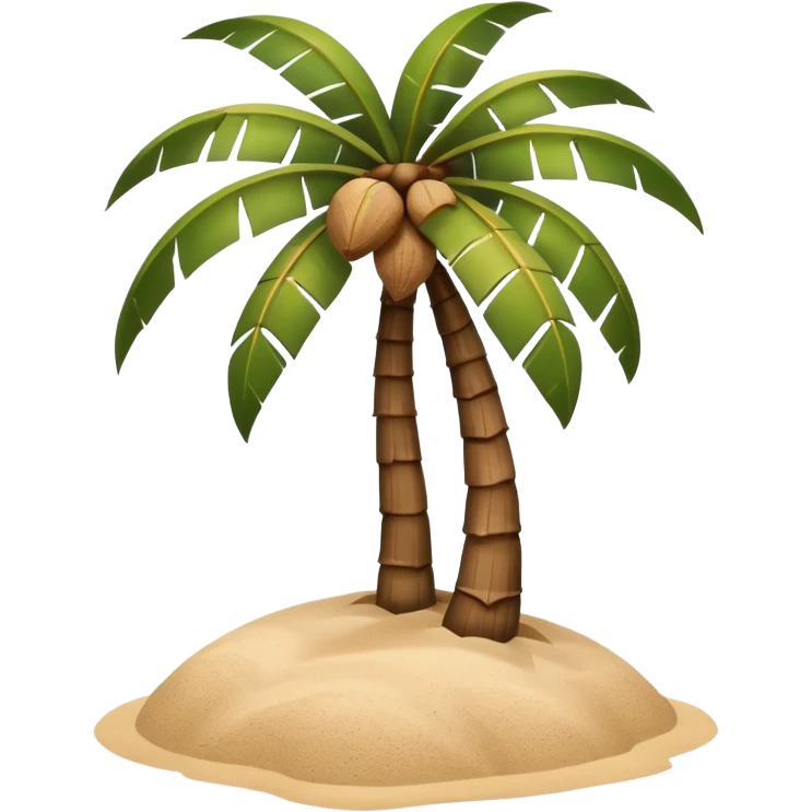 A 3D cartoon coconut palm tree with coconuts near the top and a sandy base, tropical light setting, Memoji-style realism. emoji