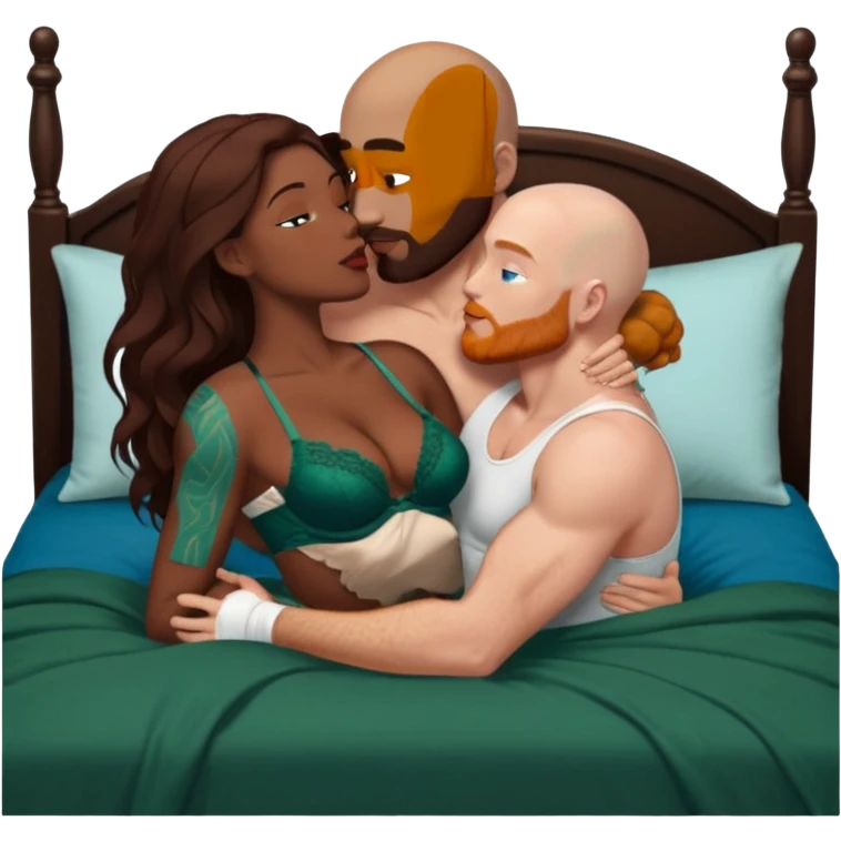 Muscular Bald white male who has a ginger beard & blue eyes, passionately kissing curvy dark brown black woman who has long dark brown hair & dark green lingerie displaying love, making tenderness, physical romance, bonding & affection, caress, sensual touch, in bed for love emoji