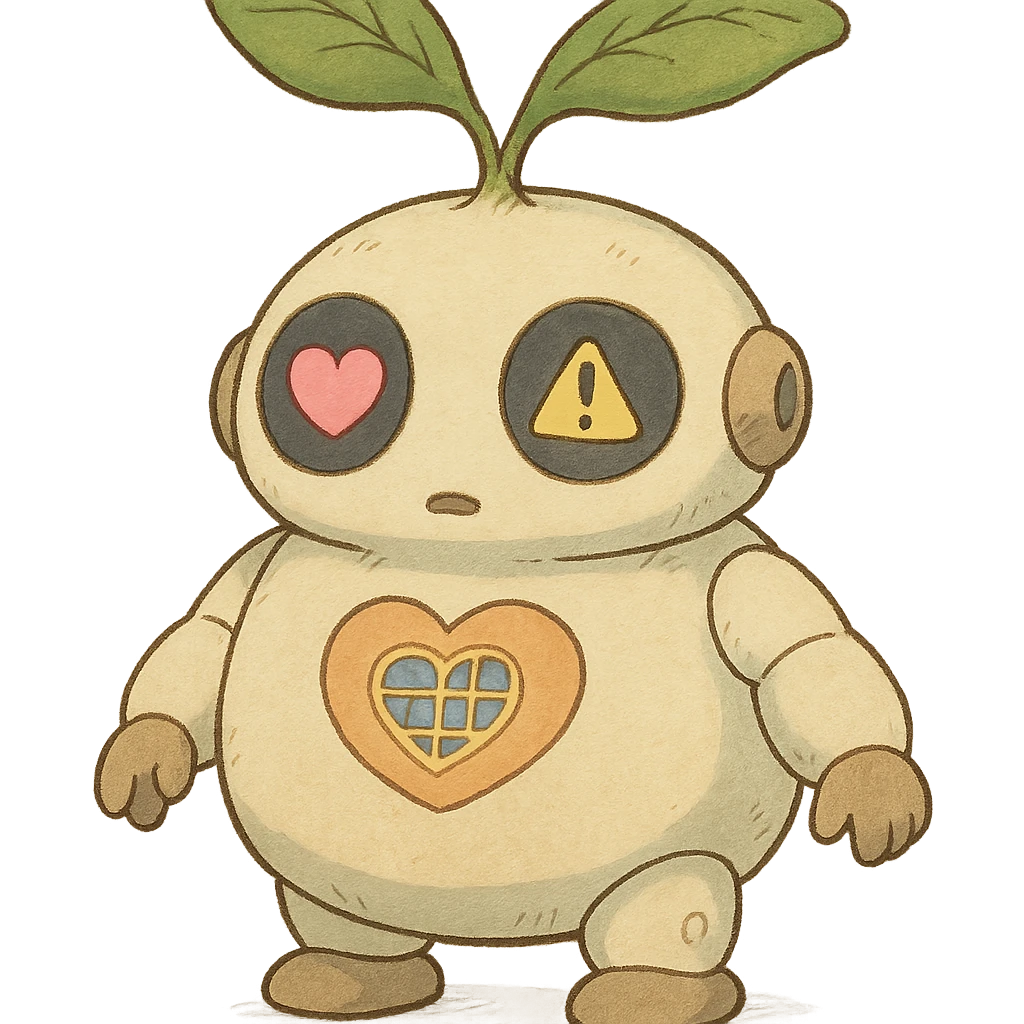 A chubby, round robot seedling with soft, plush-like forms. Its body resembles a young sprout with smooth lines. The robot has large round sensor-displays for eyes that change expression (❤️ for good harvest, ⚠️ for problems). It has two movable leaf-antennas on its head that move when working. On its chest is a stylized heart with solar panels that glows softly when charging. It has short, slightly clumsy arms and legs like a baby robot, with suckers or tiny wheels on its feet to "roll" around the greenhouse. emoji