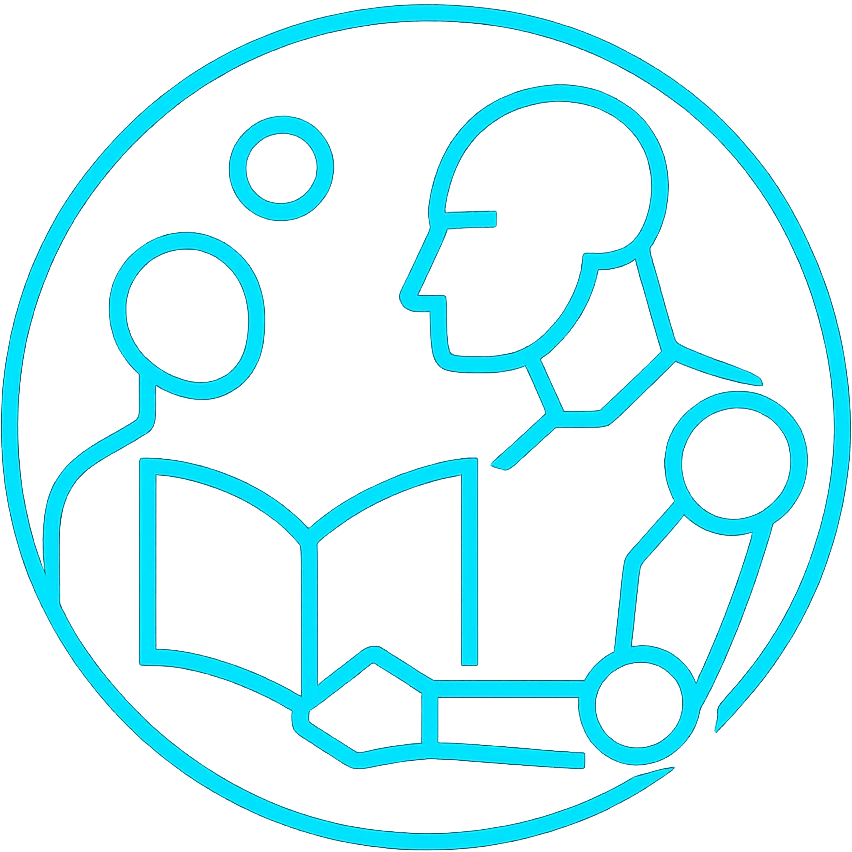 Make the human and robot figures even more abstract and geometric, using simple shapes and lines to suggest their presence around the book. Maintain the Tron-blue, high-tech, glowing style and the circle composition. No text. emoji