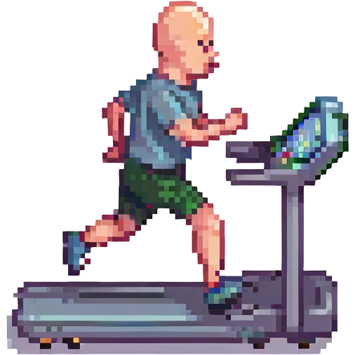 bald man running on treadmill in gym, pixel art style emoji