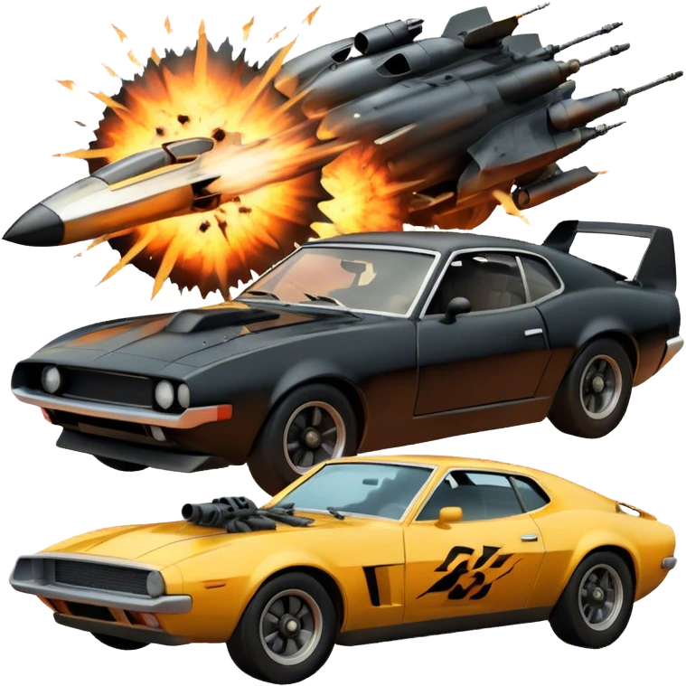 Photorealistic Icon for Action Movies: Dynamic close-up collage of iconic action movie scenes featuring explosions, fast car, combat and weapons. Include silhouettes of famous action heroes, dramatic lighting and a sense of high-octane energy. Transparent background. emoji