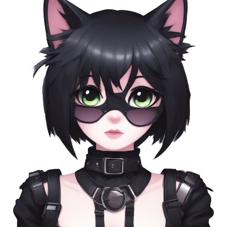 Gorgeous gothic dark techwear anime style anthro black cat furry with blushing face aesthetic and pretty edgy black with collar and harness trending style emoji
