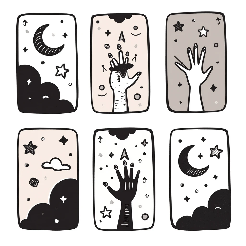 Tarot cards with mystical symbols in pastel colors (dd9fb0, ffc6d3, a3bfc9, c4bee2, f1b091), hand-drawn doodle style emoji