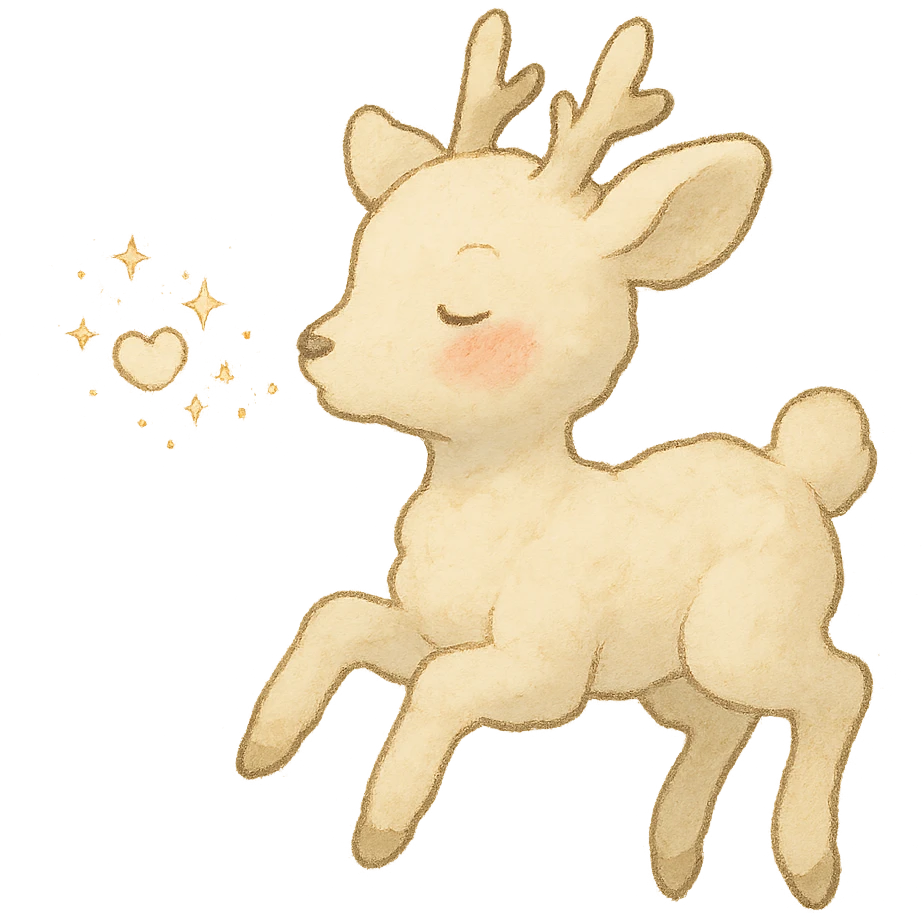 vanilla cloud doe with rosy cheeks, floating in the air, blowing a sparkling kiss, soft ghibli style emoji