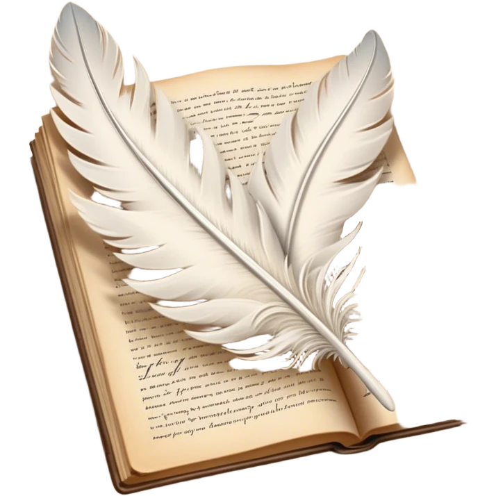 Create a poetic and elegant emoji representing poetry. The design should feature several vintage, gracefully flying pages with short, poetic columns written on them. A white feather quill should be depicted writing on one of the pages, with ink flowing smoothly. The pages should have a soft, antique look, with subtle details to convey the delicate nature of poetry. Use soft, light colors with a romantic, airy feel. Make the background transparent. emoji