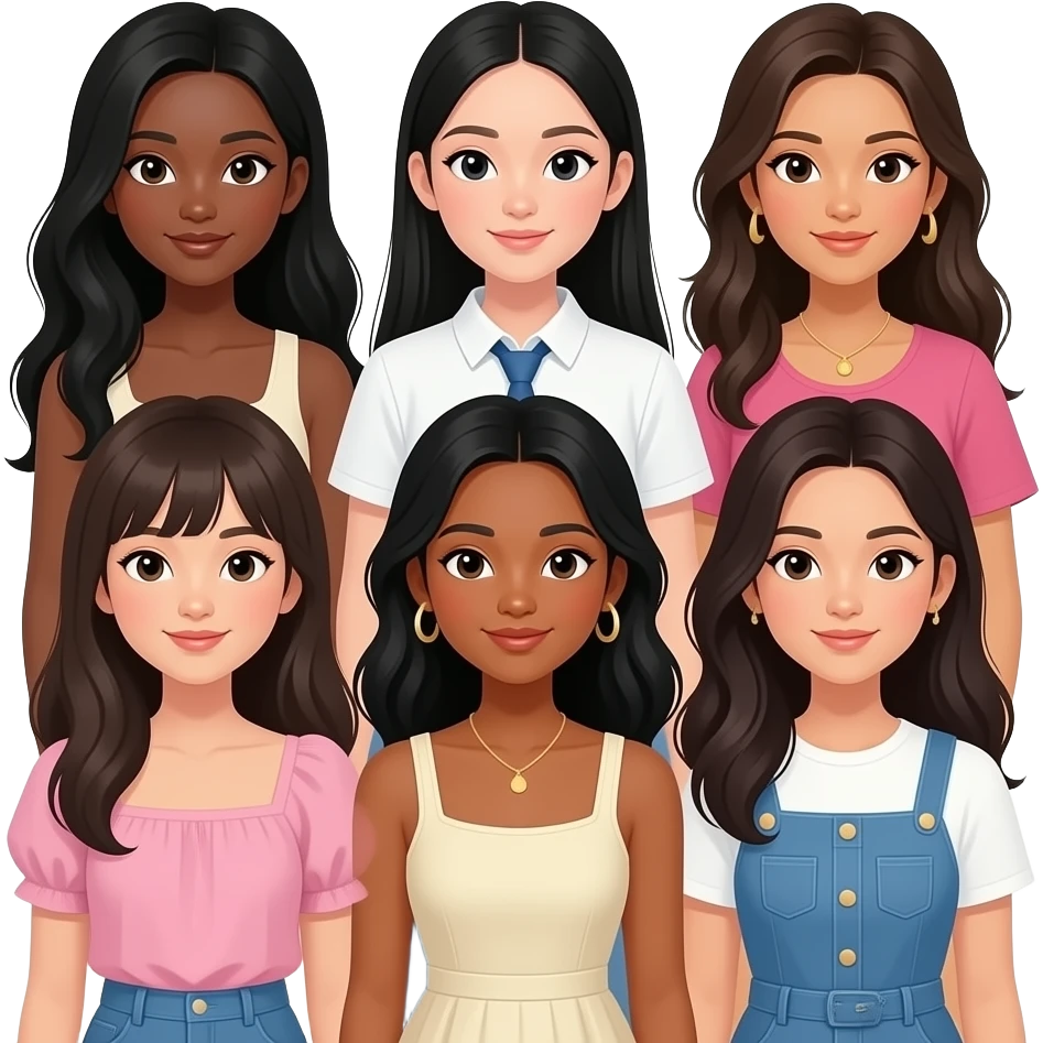 katseye girl group with a black girl korean girl chinese girl and indian girl cuban girl and filipina girl make the black girl have long hair and give the indian darker skin and make them all have nice clothes emoji