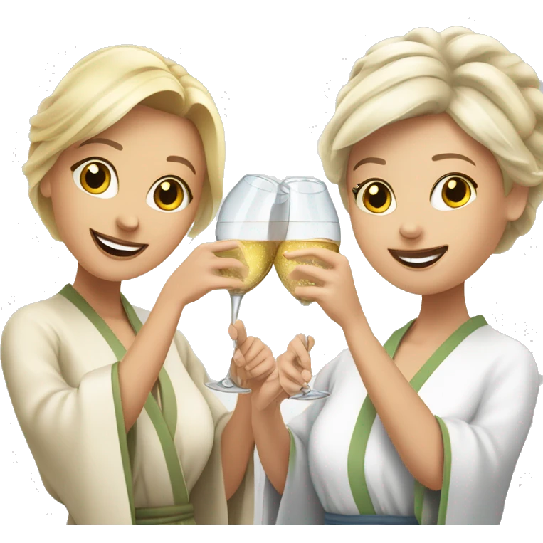 A young blonde woman and an older woman in spa robes doing a cheers witch champagne glasses emoji