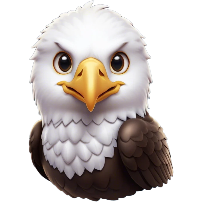 Cinematic Cute American Eagle Portrait Emoji, Head tilted playfully and inquisitively, featuring a streamlined form with a subtle blend of dark and white plumage and round, sparkling eyes full of spirited charm, Simplified yet irresistibly adorable features, highly detailed, glowing with a warm, inviting glow, high shine, affectionate and lively, stylized with a touch of whimsical aerial grace, soft glowing outline, capturing the essence of a mischievous yet endearing American eagle that seems as if it could glide out of the screen into your heart! emoji
