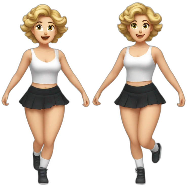 full-body-caucasian-curvy-beauty-jumping-short-black-skirt-back-and-front-views-strong-wind-knickers-long-white-socks emoji