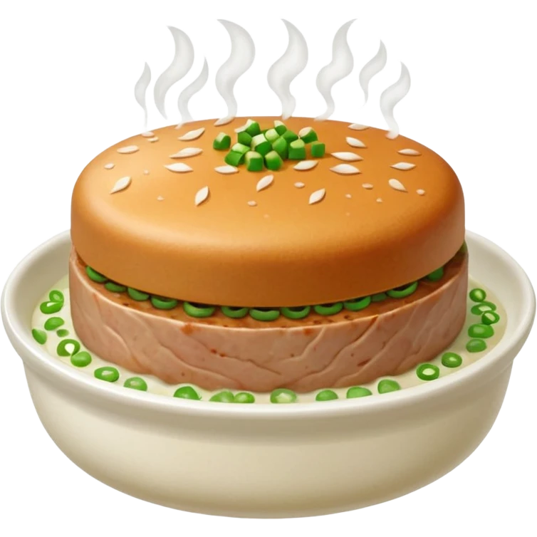 Emoji of a Chinese steamed pork patty in a small dish, topped with chopped scallions and steam rising, soft texture, minimal style. emoji