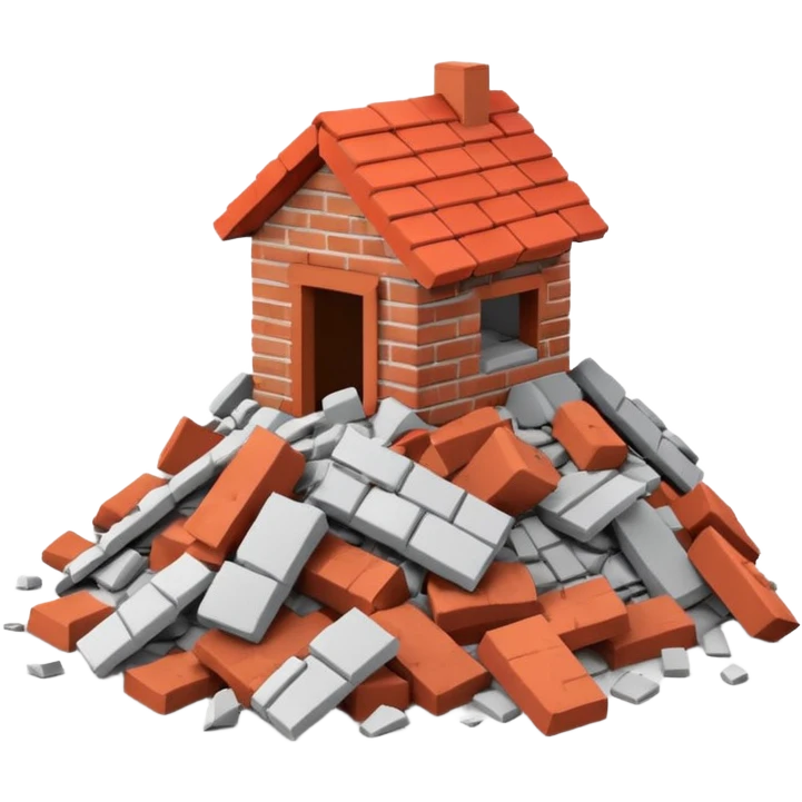 3D iPhone style emoji of a pile of bricks, roof pieces, and wall rubble, scattered and broken, isolated on white background, soft shadows, high detail, playful and cute emoji