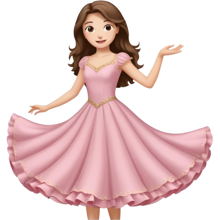 happy white long brunette hair girl with hazel eyes in light pink ballroom dancing emoji