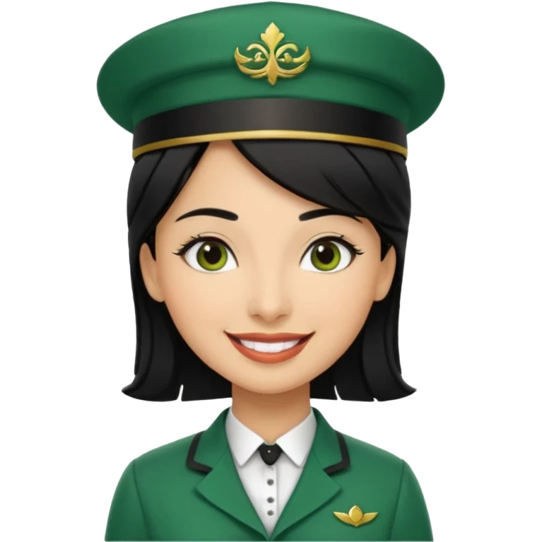Lady hotel butler with green uniform black hair and just a lite bit brown skin and Arabic face with our hat please emoji