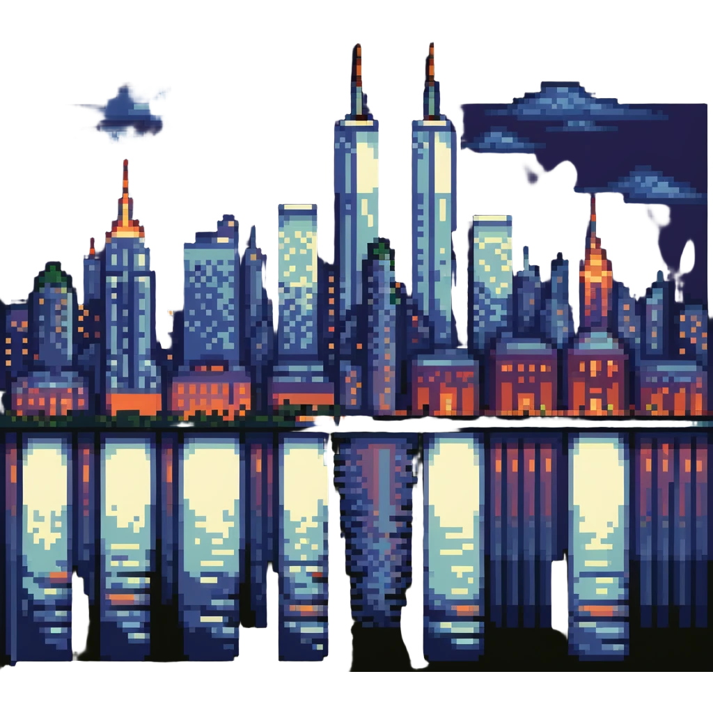cityscape of New York in 1999, skyline with Twin Towers, night lights emoji