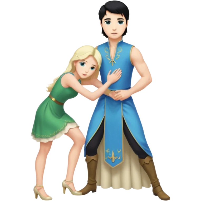 2 Person, prince, upright, black Hair, blue eyes, whole body, Woman, blonde Hair, Green eyes, bending knee, sleveless White Dress, emoji