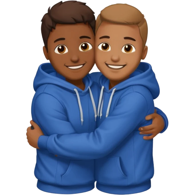 two happy brown skin guys hugging, in hoodies emoji