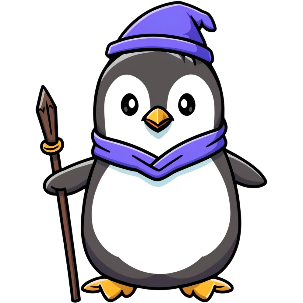 penguin wizard with a magical staff and wizard robe emoji