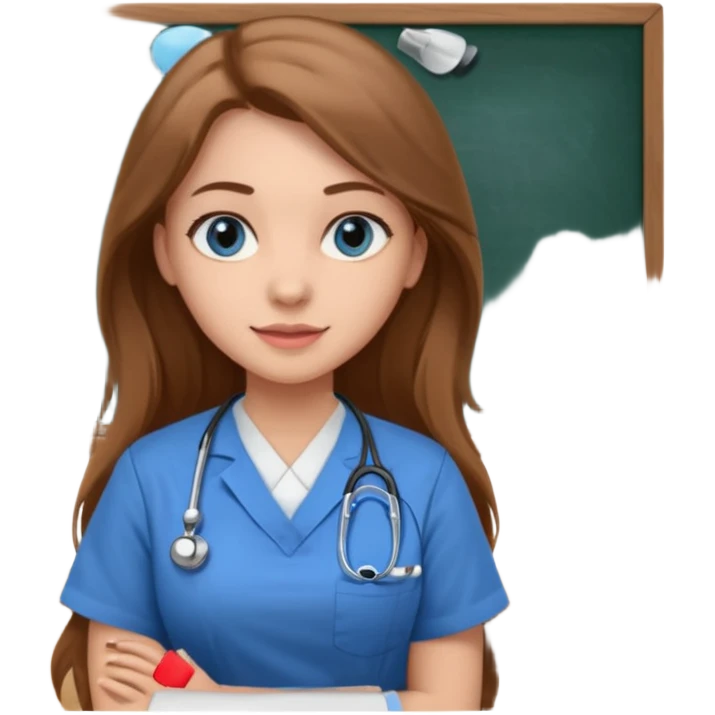 university classroom that says nursing school on the blackboard with a pretty female nursing student with long brown hair, blue eyes emoji