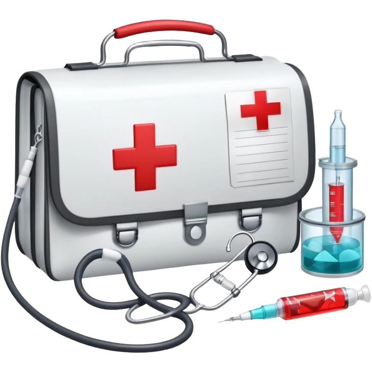 An icon featuring a medical bag with a red cross, a stethoscope, and a syringe, symbolizing medicine. The design includes pills, a heart monitor, and a clipboard with patient notes, representing healthcare, diagnostics, and treatment. Transparent background highlights the science of medicine. emoji