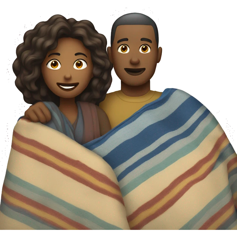 A woman covers a white man with a blanket
 emoji