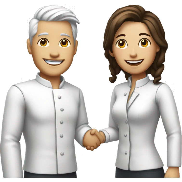 restaurant owner with white skin, and blogger with white skin, shaking hands in great detail emoji