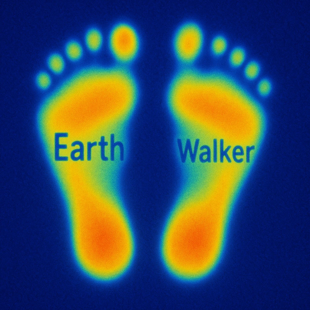 a footprint logo with the text Earth on the left footprint and Walker on the right footprint with a nature background emoji