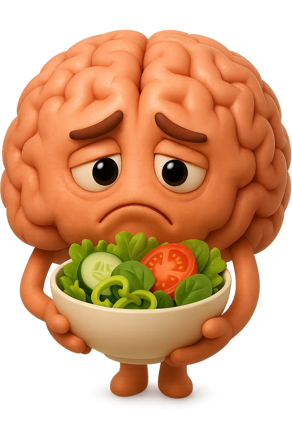 EMOJI STILE IPHONE 3D DI UN cervello umano che tiene in mano un insalata con espressione triste, iperrealistico 4k emoji