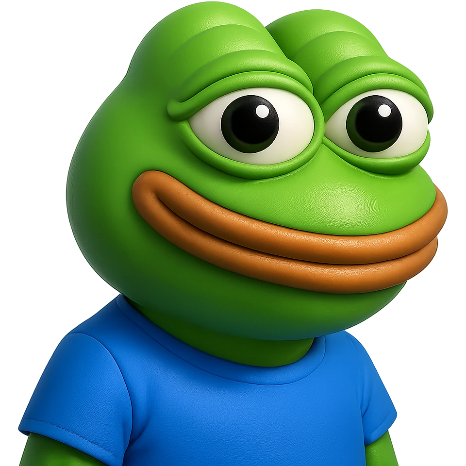 pepe in
- 3d style
- bright green
- blue shirt
- smiling
- looking straight at the camera
- good highlights and shadows
- 30deg angled towards the left emoji