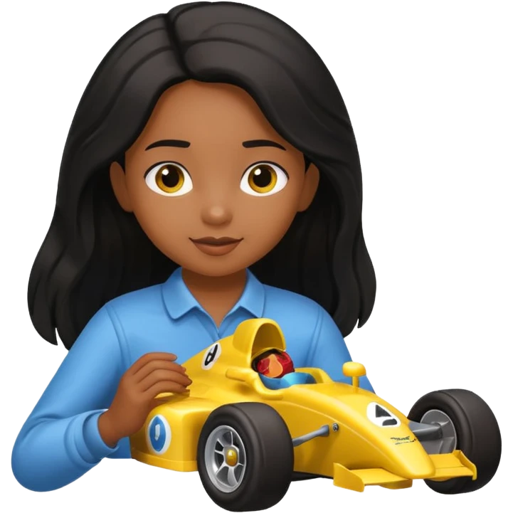  long black haired black girl kid playing yellow colored formula 1 car toy emoji
