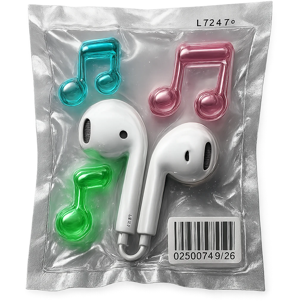 pair of white EarPods with three floating glass music notes in neon colors, shiny and puffy emoji