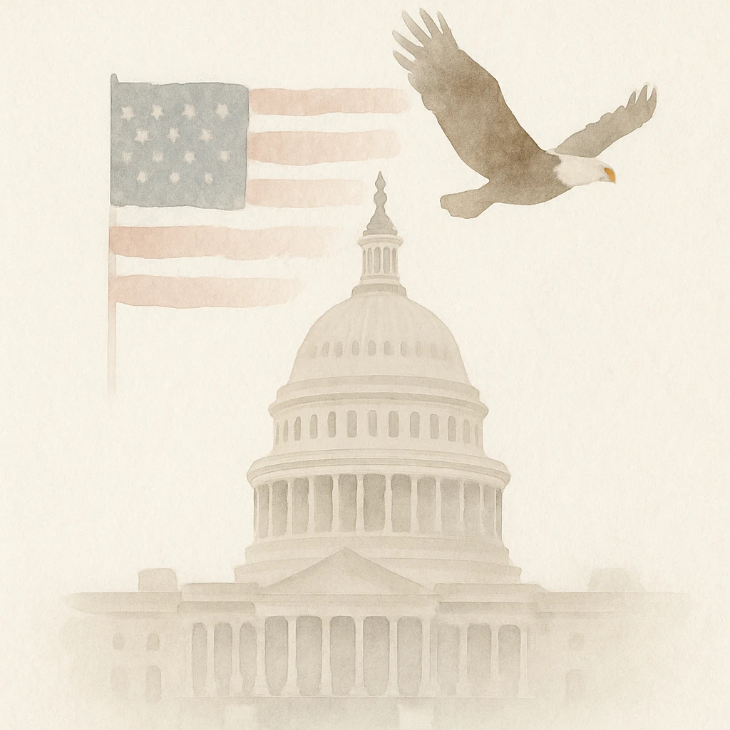 the US Capitol building, US flag in the background, eagle flying, painterly illustration style emoji