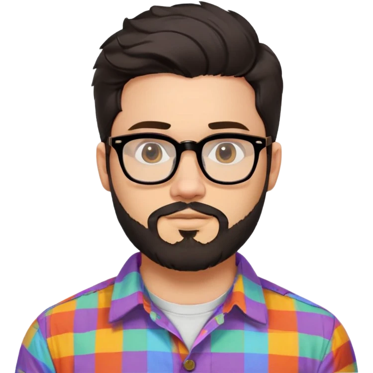 a 30-year-old man with light skin, medium solid build, wide face, soft cheeks, rounded jawline, neutral relaxed expression, short dense full beard, wavy voluminous brown-black hair at the front, large rectangular black thick frame glasses, colorful button-up shirt open showing white t-shirt emoji