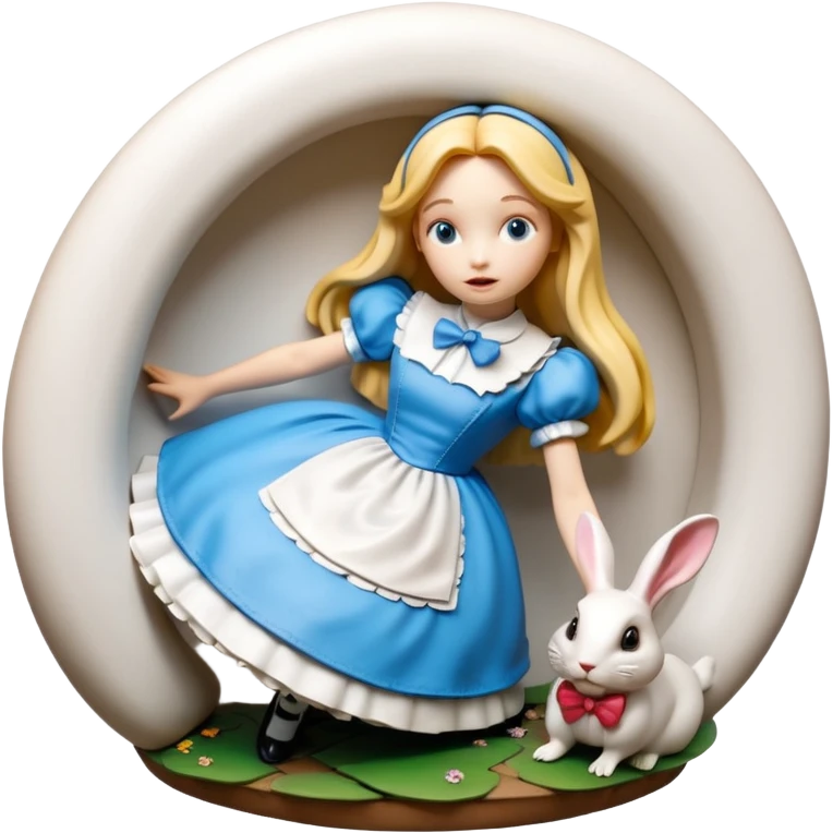 Still life, hyperrealism, 3D rendering, ultra detailed and vibrant illustration of the most incredibly cool modern style of disney's Alice in wonderland falling down the  rabbitbhole
figurine imaginable, toy style. emoji