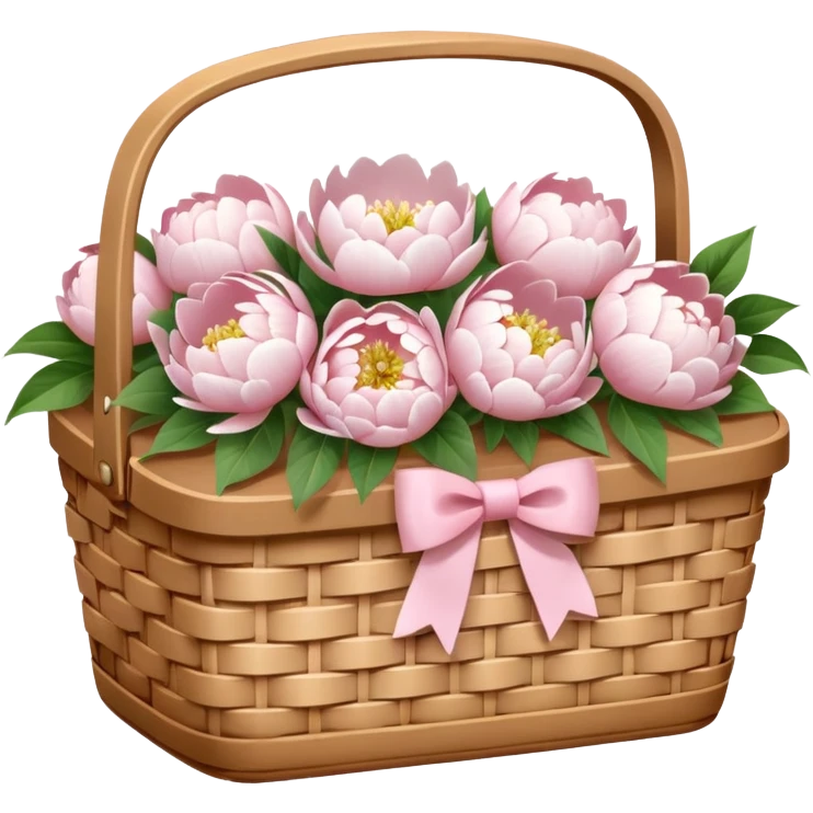 White Picnic basket with light pink bow and white peonies inside emoji