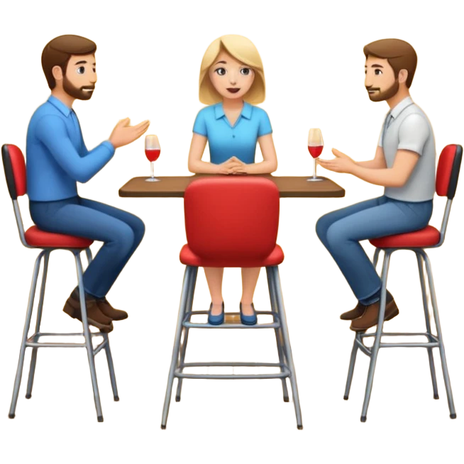 casual interview on stage, three people, facing each other, woman on the left, two men on the right, high chairs emoji
