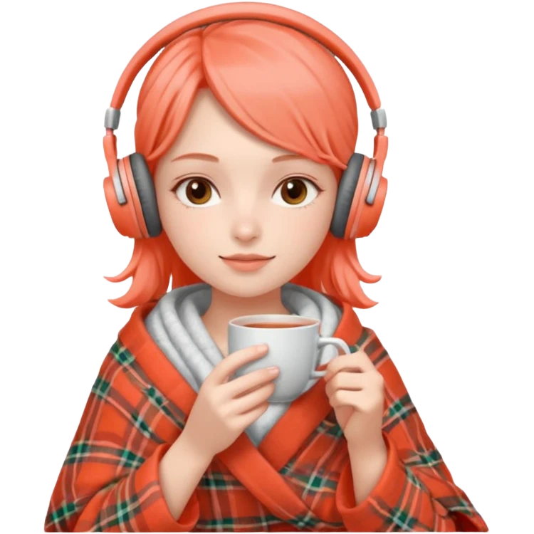 Девушка в пледе кораллового цвета пьет чай и на ней наушники emoji
